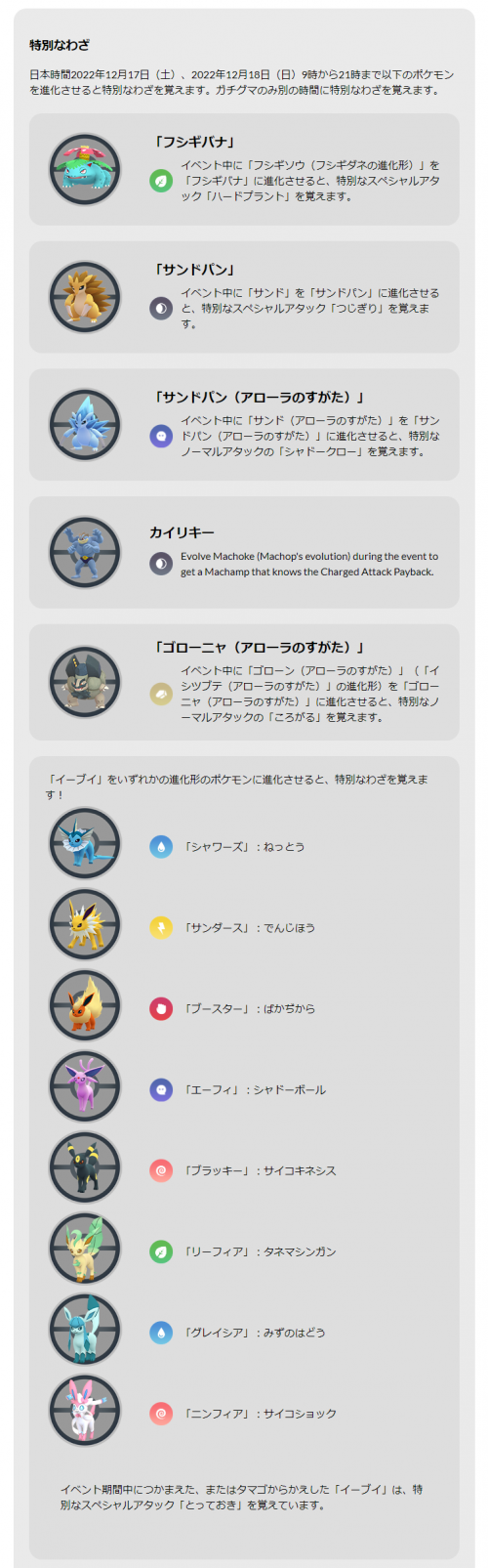 ポケモンgo 12月のコミュニティ デイの公式ページが更新され 21年のポケモンたちも進化で特別な技を覚えることが発表されています