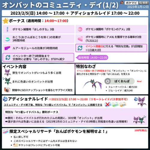 ポケモンgo オンバット のコミュニティ デイ 23 2 5 日 14時 17時 アディショナルレイド 23 2 5 日 17時 22時