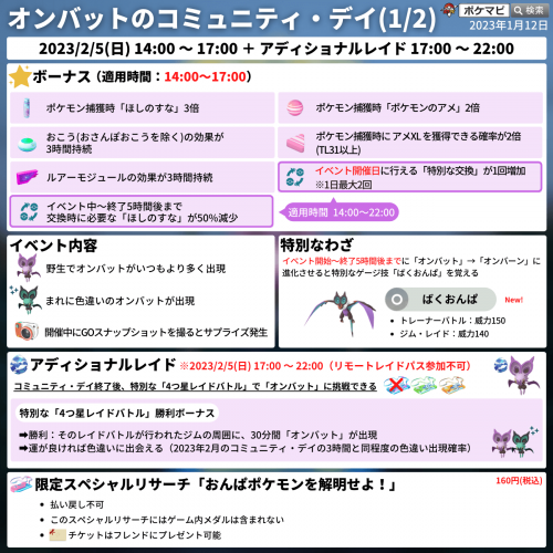 ポケモンgo オンバット のコミュニティ デイ 23 2 5 日 14時 17時 アディショナルレイド 23 2 5 日 17時 22時 ポケモンgo オンバット のコミュニティ デイ 23 2 5 日 14時 17時 アディショナルレイド 23 2 5 日 17時 22時