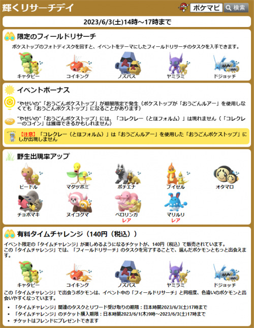 ポケモンGO】輝くリサーチデイ開催（期間：2023/6/3(土)14時～17時まで）