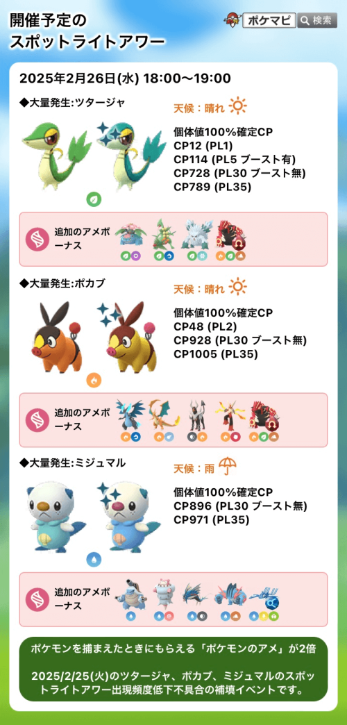 ポケモンGO】【補填イベント】ツタージャ、ポカブ、ミジュマルの