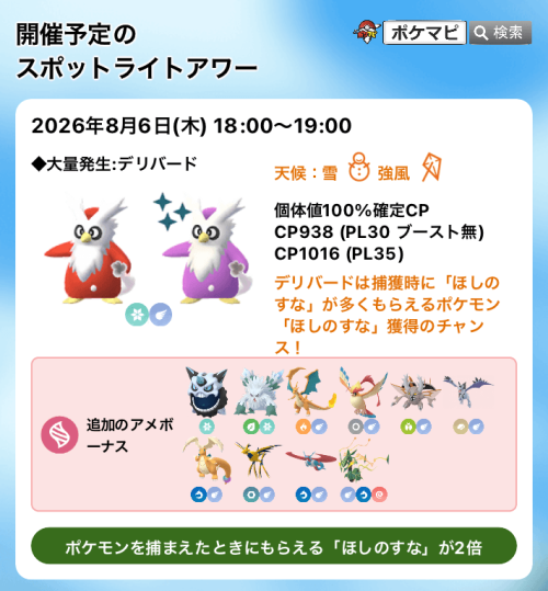 ポケモンGO】デリバードのスポットライトアワー（ポケモンを捕まえた